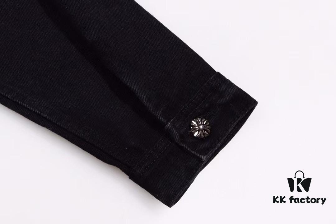 6931a3f0ccd8ab3d7af98338 Chrome Hearts White Leather Cross Patch Black Denim Shirt Jacket KL022