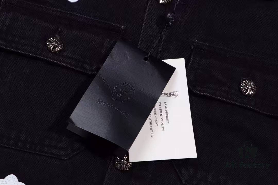 6931a3f0ccd8ab3d7af98339 Chrome Hearts White Leather Cross Patch Black Denim Shirt Jacket KL022