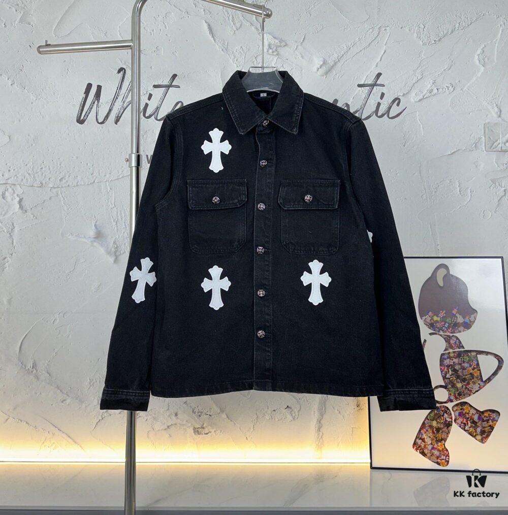 6931a3f0ccd8ab3d7af9833b Chrome Hearts White Leather Cross Embroidered Black Denim Shirt Jacket