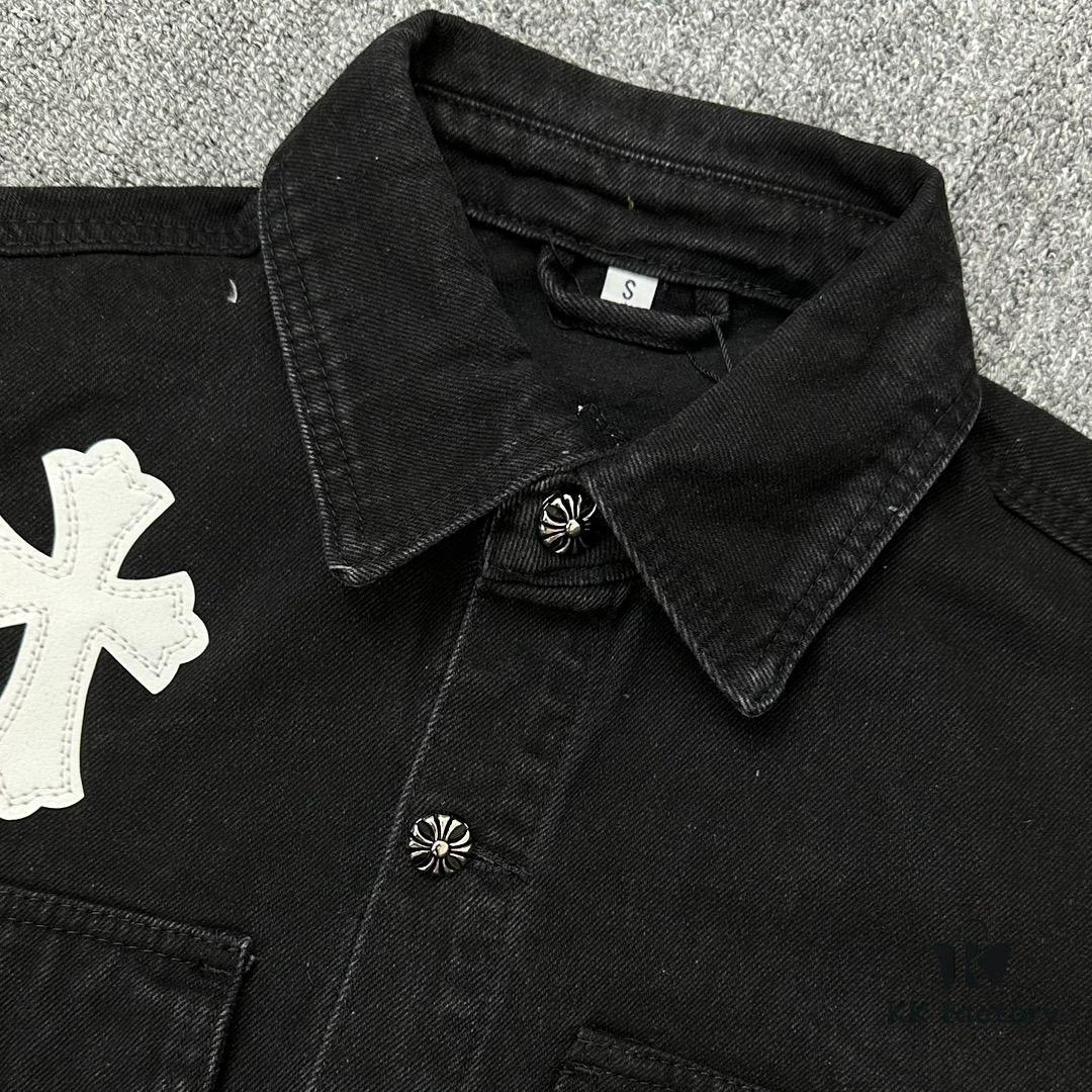 Chrome Hearts White Leather Cross Embroidered Black Denim Shirt Jacket