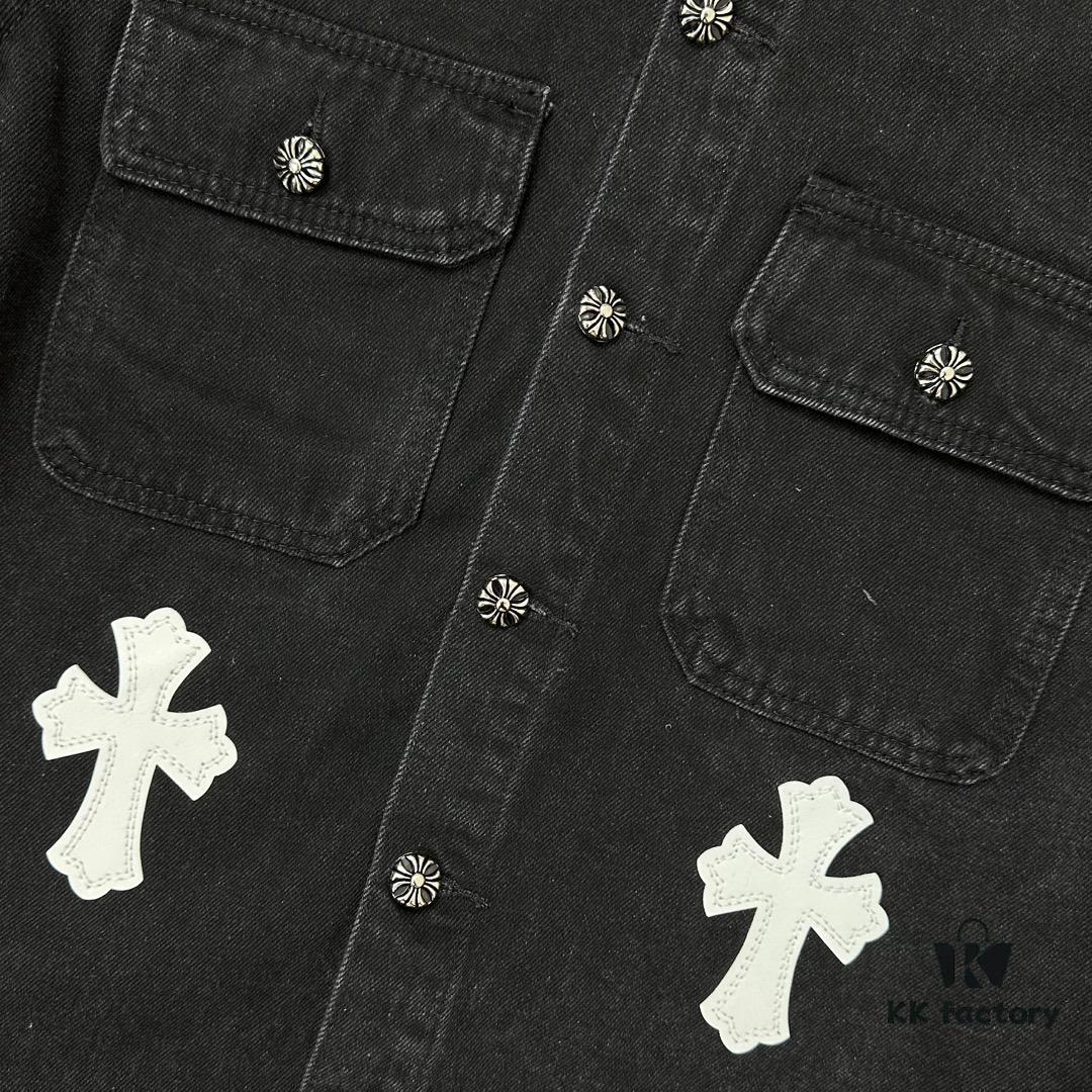 Chrome Hearts White Leather Cross Embroidered Black Denim Shirt Jacket