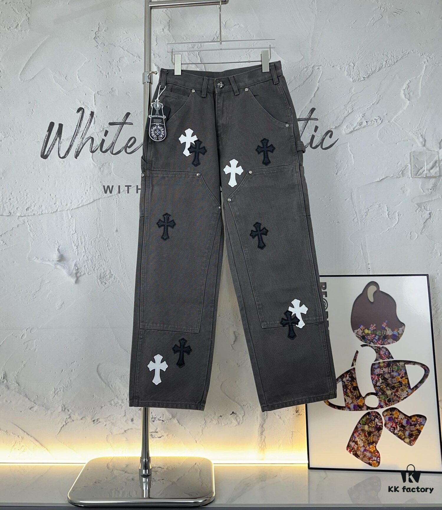 6931a3f5ccd8ab3d7af98396 Chrome Hearts Matty Boy Sex Records Patchwork Leather Cross Denim Jeans - Heavy Washed Canvas, Custom Silver Hardware, Hand-Embroidered Cross with Rare Leather Patches, High-Waist Rugged Design