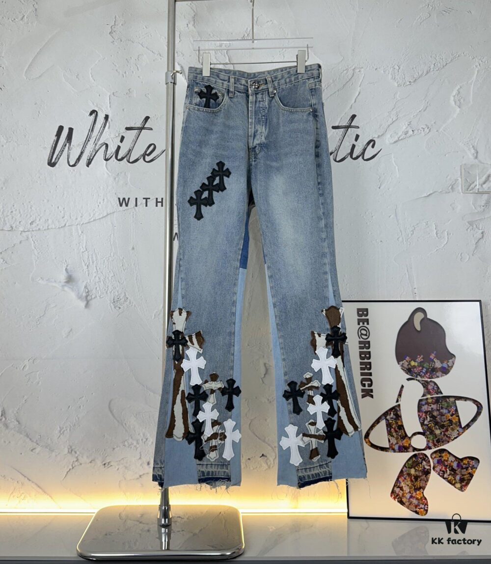 6931a3f6ccd8ab3d7af983a5 Chrome Heart | KL008 Heavy Craft Mule Hair and Patchwork Flared Denim Jeans