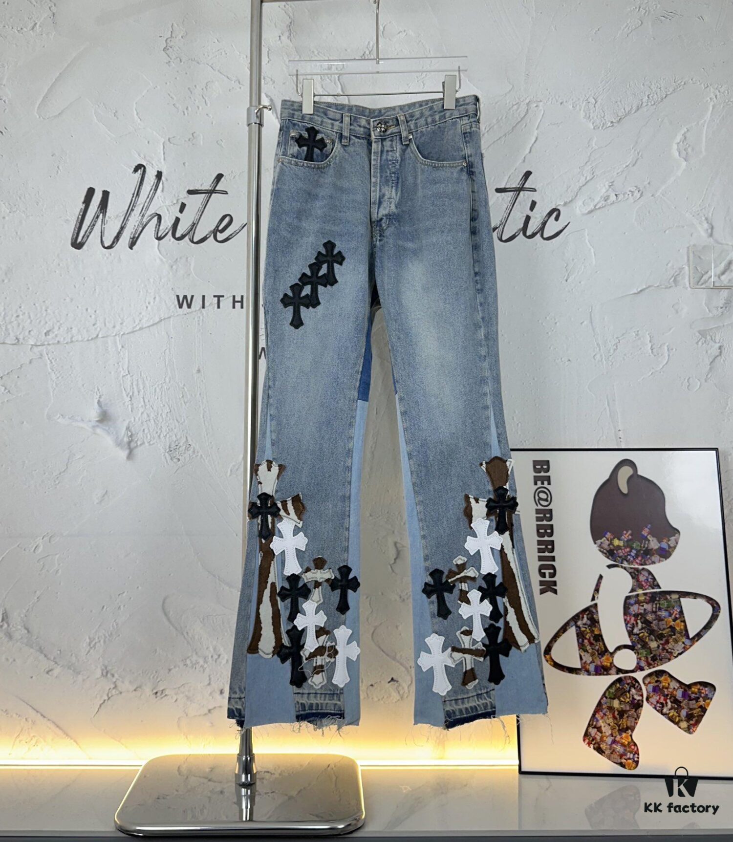 6931a3f6ccd8ab3d7af983a5 Chrome Heart | KL008 Heavy Craft Mule Hair and Patchwork Flared Denim Jeans