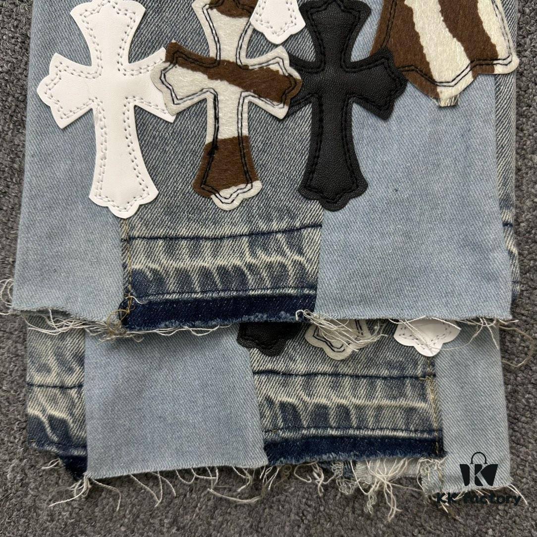 6931a3f6ccd8ab3d7af983ac Chrome Heart | KL008 Heavy Craft Mule Hair and Patchwork Flared Denim Jeans