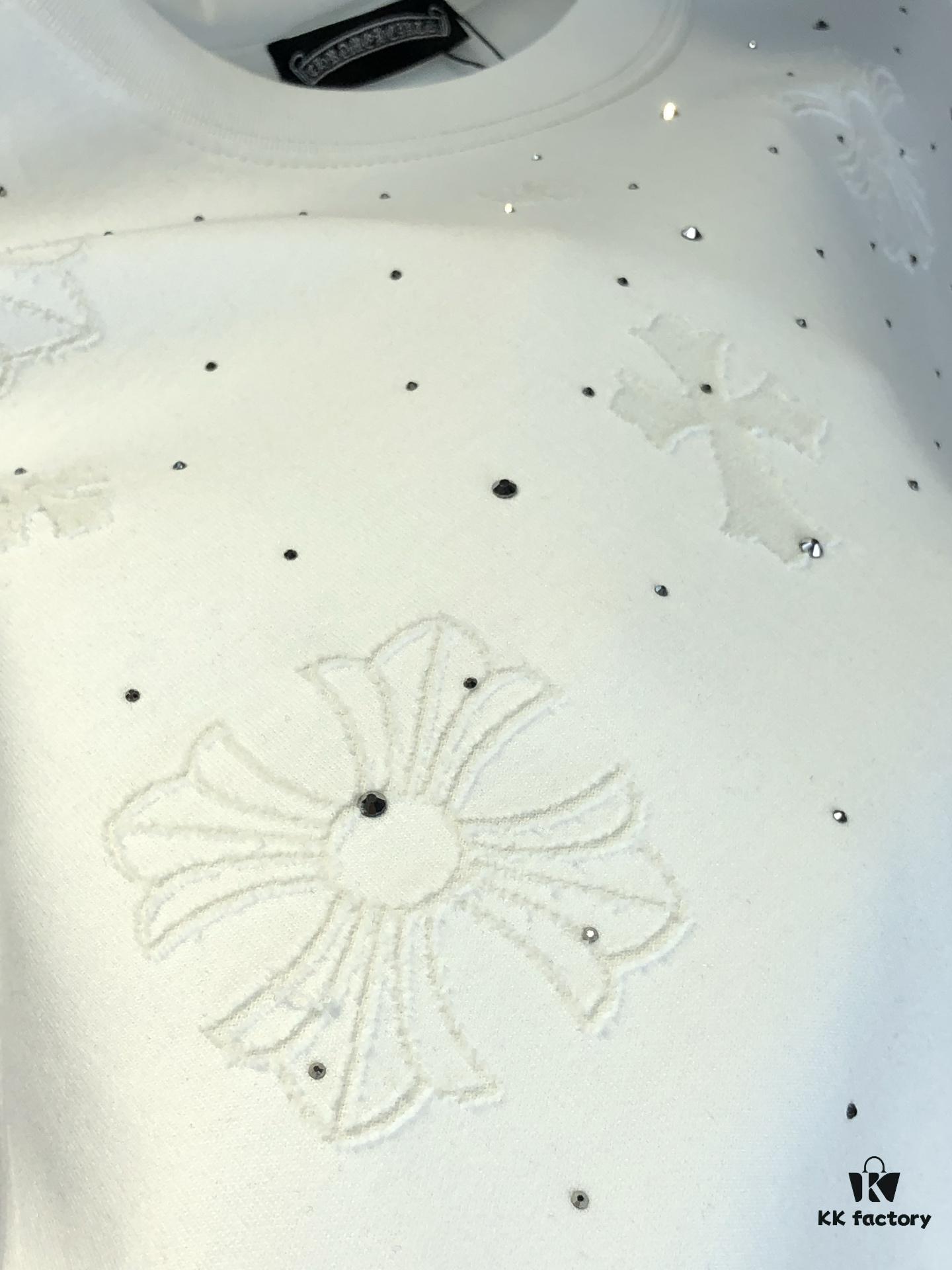 Kelo 2025 Spring Summer New Arrival Round Neck Short Sleeve T-Shirt with Laser Burnout Pattern and Full Rhinestones, 320g Heavyweight Double-Yarn Combed Cotton Fabric, Slightly Loose Unisex Fit