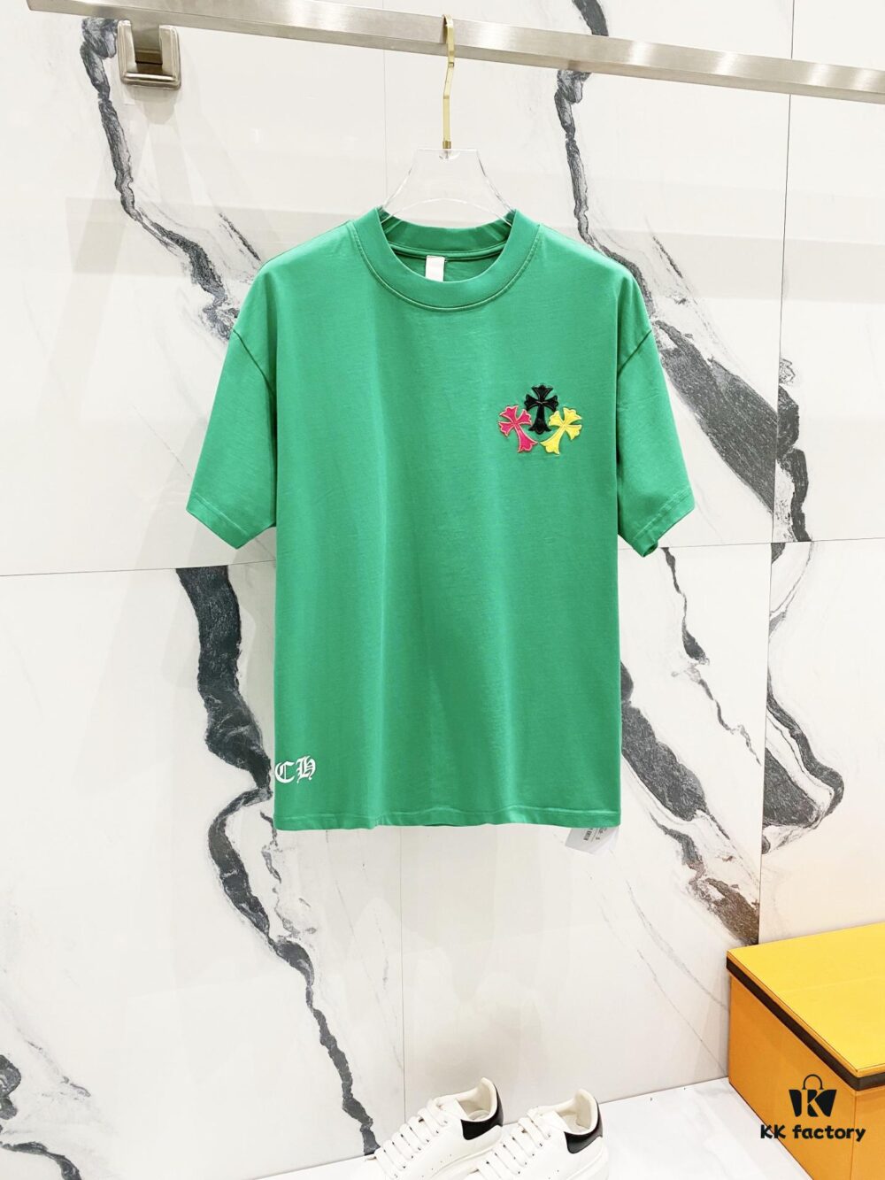 6931a405ccd8ab3d7af98493 Chrome Hearts 320g Washed Short Sleeve T-Shirt with Rainbow Embroidered Cross Sanskrit Logo