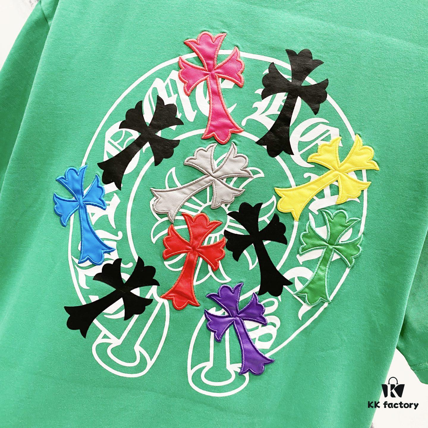 6931a405ccd8ab3d7af98497 Chrome Hearts 320g Washed Short Sleeve T-Shirt with Rainbow Embroidered Cross Sanskrit Logo