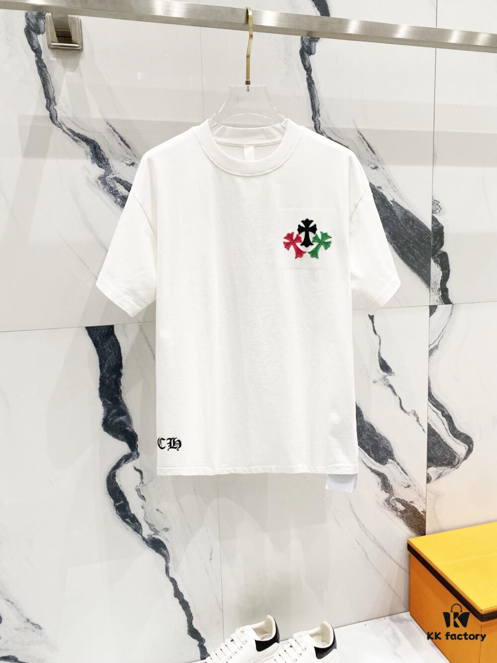 6931a406ccd8ab3d7af9849e Chrome Hearts 320g Washed Short Sleeve T-Shirt with Rainbow Embroidered Cross Sanskrit Logo