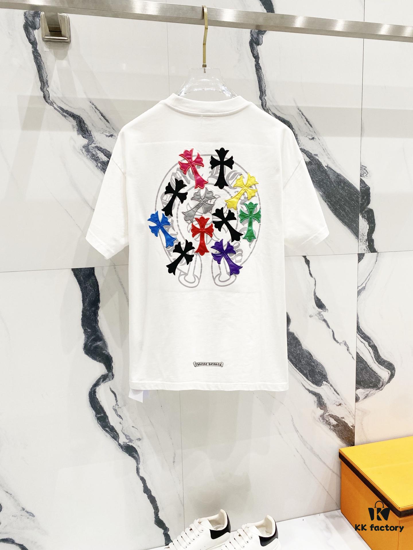 Chrome Hearts 320g Washed Short Sleeve T-Shirt with Rainbow Embroidered Cross Sanskrit Logo