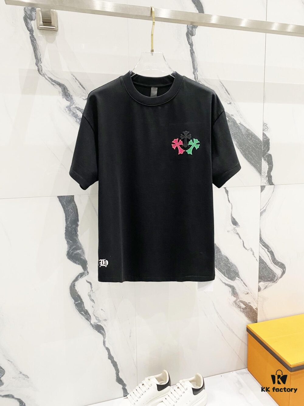 6931a406ccd8ab3d7af984a8 Chrome Hearts 320g Washed Short Sleeve T-Shirt with Rainbow Embroidered Cross Sanskrit Logo