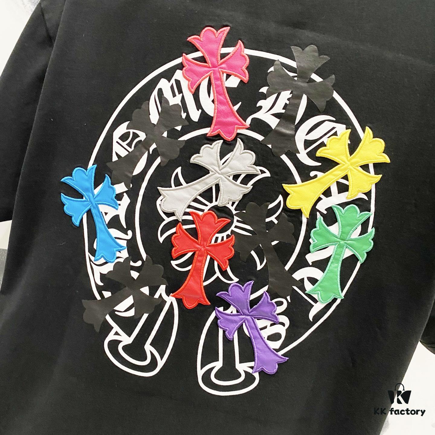 Chrome Hearts 320g Washed Short Sleeve T-Shirt with Rainbow Embroidered Cross Sanskrit Logo