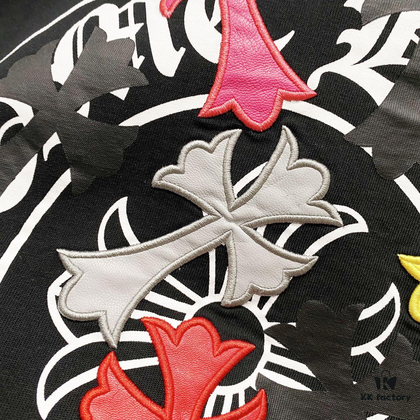 Chrome Hearts 320g Washed Short Sleeve T-Shirt with Rainbow Embroidered Cross Sanskrit Logo