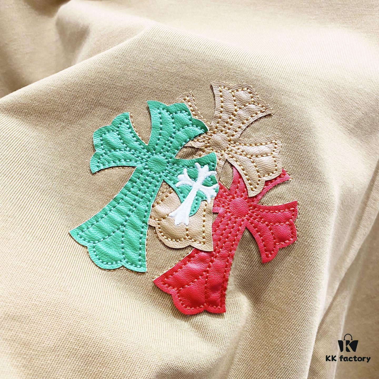 6931a407ccd8ab3d7af984b6 Chrome Hearts 320g Washed Short Sleeve T-Shirt with Leather Sanskrit Mantra and Colorful Cross Logo Front and Back