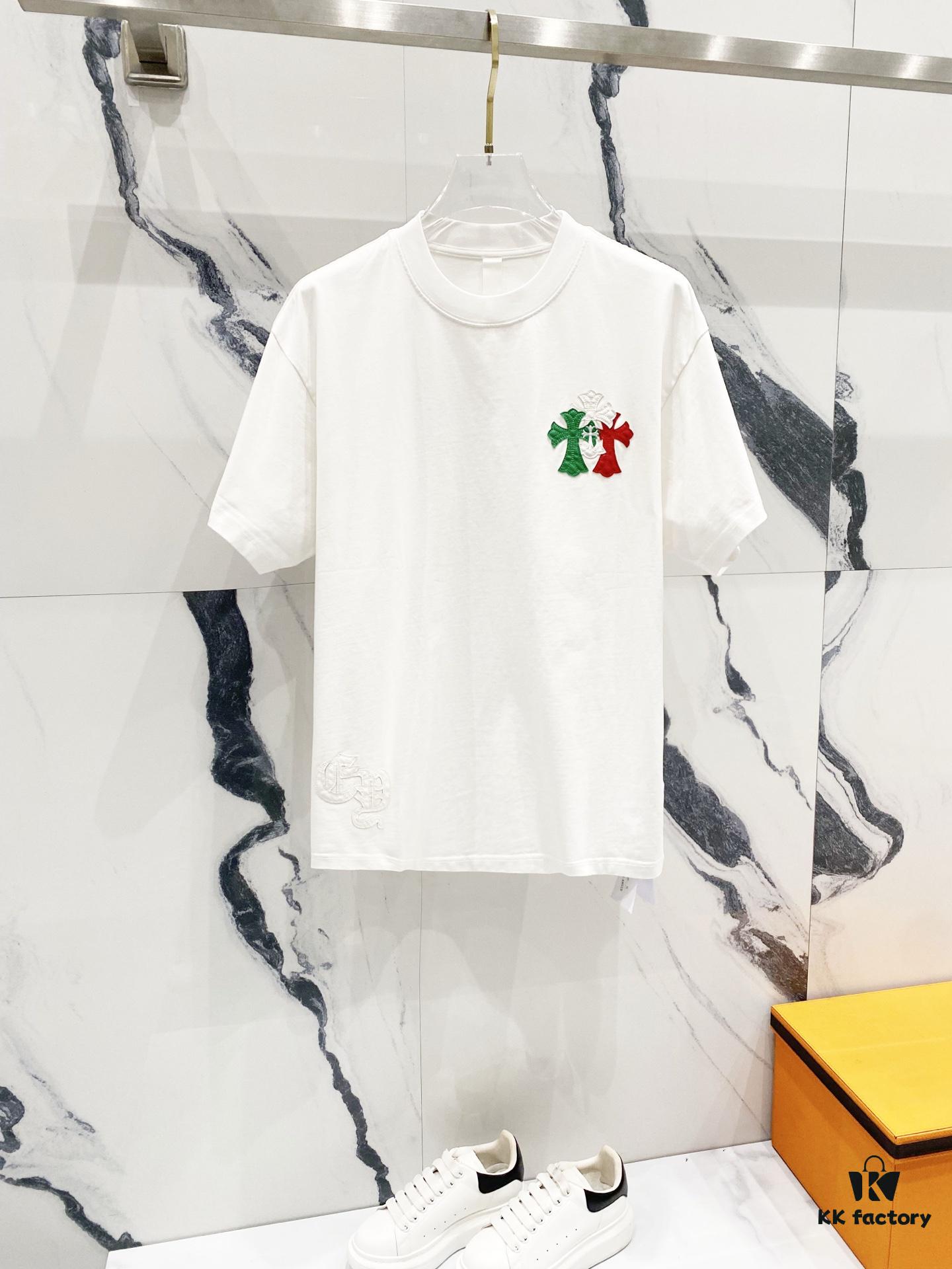 6931a407ccd8ab3d7af984bc Chrome Hearts 320g Washed Short Sleeve T-Shirt with Leather Sanskrit Colorful Cross Logo Front and Back