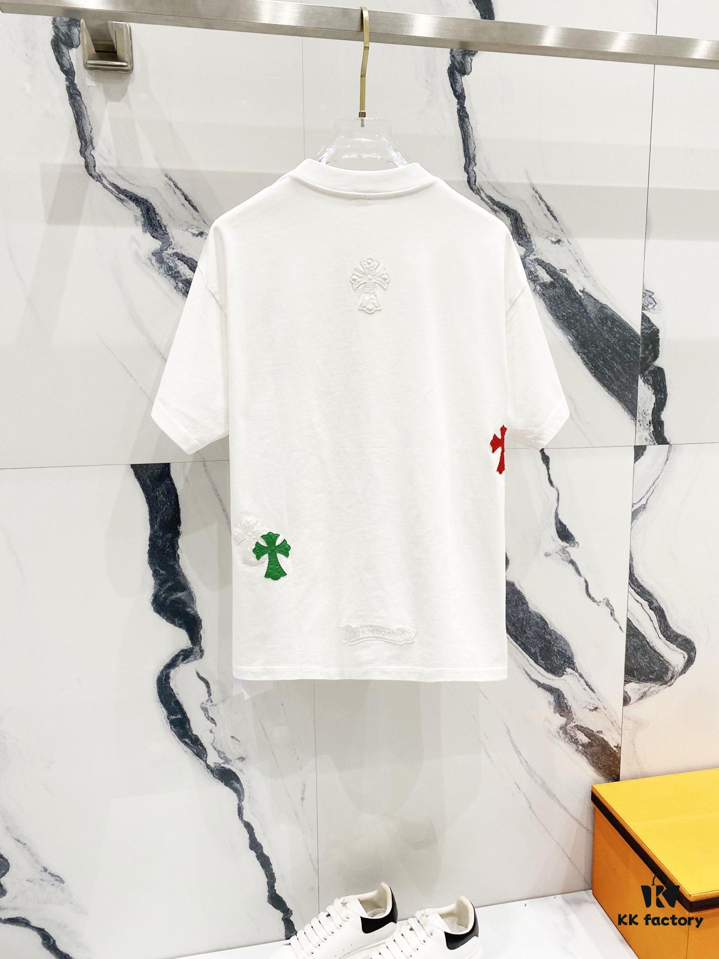6931a408ccd8ab3d7af984bd Chrome Hearts 320g Washed Short Sleeve T-Shirt with Leather Sanskrit Colorful Cross Logo Front and Back