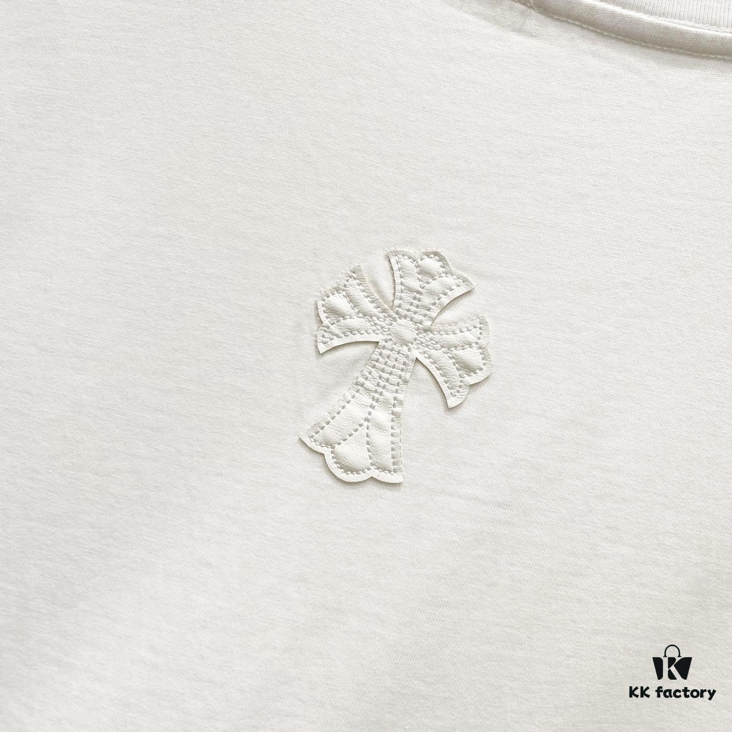 6931a408ccd8ab3d7af984c2 Chrome Hearts 320g Washed Short Sleeve T-Shirt with Leather Sanskrit Colorful Cross Logo Front and Back