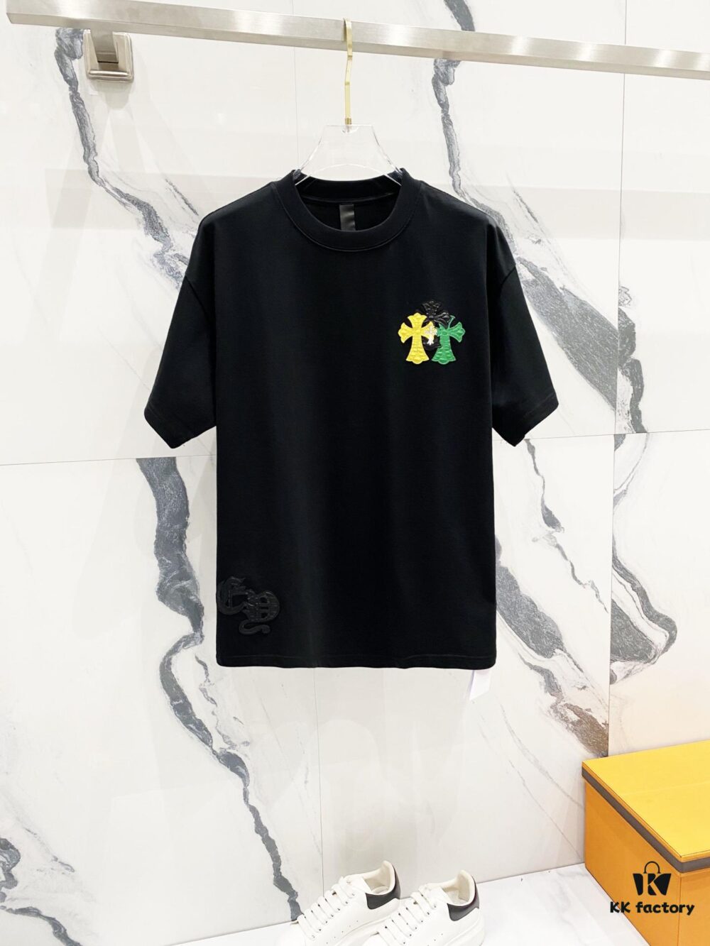 6931a408ccd8ab3d7af984c5 Chrome Hearts 320g Washed Cotton Short Sleeve T-Shirt with Leather Front and Back Sanskrit Mantra Colorful Cross Logo