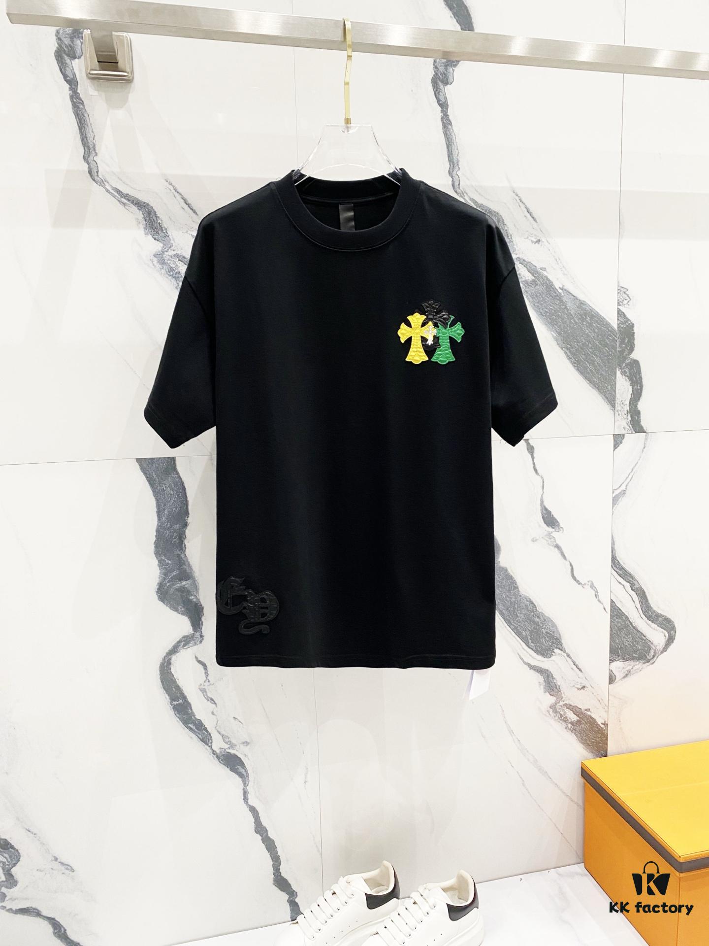 6931a408ccd8ab3d7af984c5 Chrome Hearts 320g Washed Cotton Short Sleeve T-Shirt with Leather Front and Back Sanskrit Mantra Colorful Cross Logo