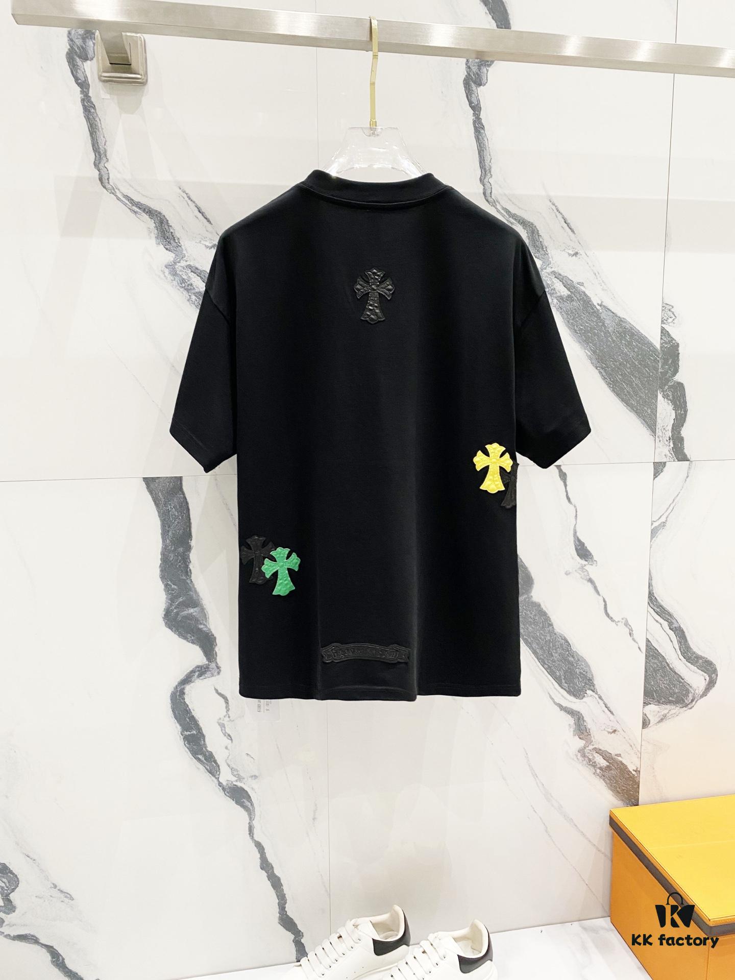 6931a408ccd8ab3d7af984c6 Chrome Hearts 320g Washed Cotton Short Sleeve T-Shirt with Leather Front and Back Sanskrit Mantra Colorful Cross Logo