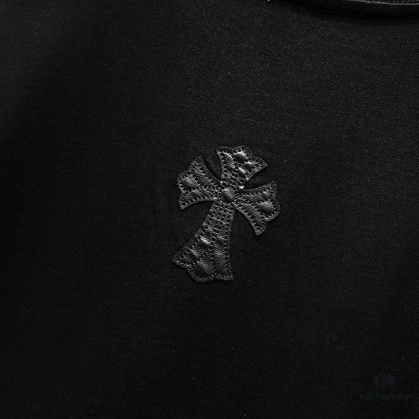 6931a408ccd8ab3d7af984ca Chrome Hearts 320g Washed Cotton Short Sleeve T-Shirt with Leather Front and Back Sanskrit Mantra Colorful Cross Logo