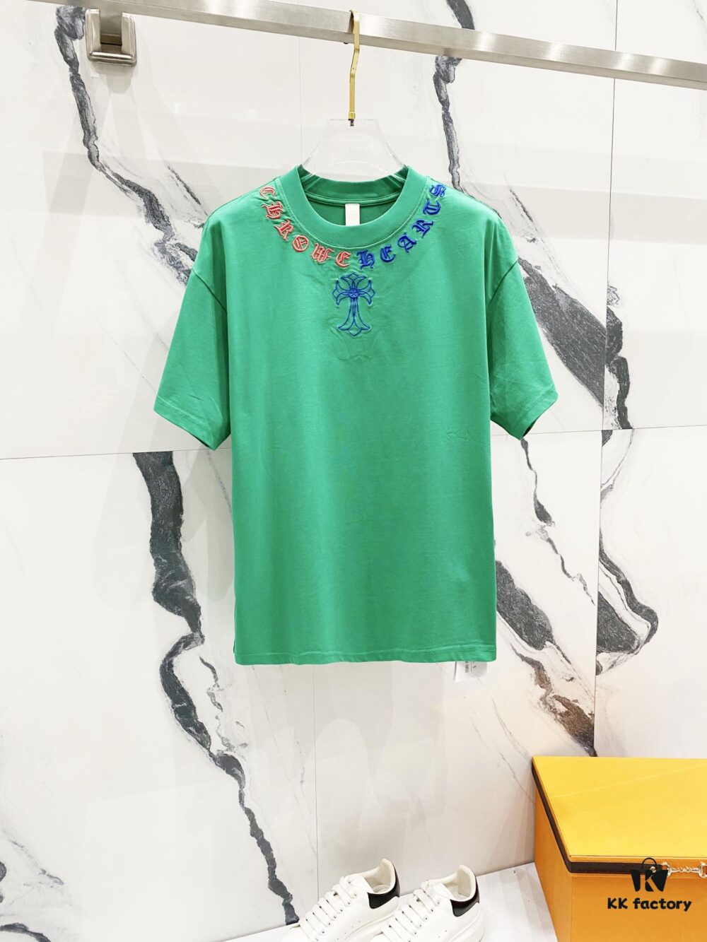 6931a408ccd8ab3d7af984ce Chrome Hearts 320g Washed Short Sleeve T-Shirt with Embroidered Sanskrit Logo and Cross Patch