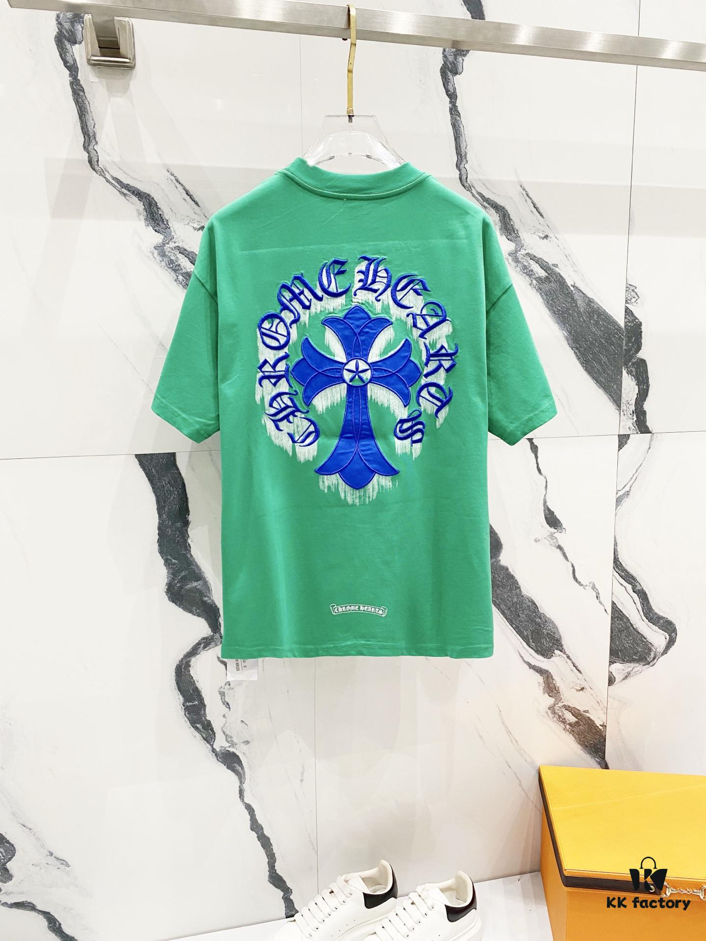 Chrome Hearts 320g Washed Short Sleeve T-Shirt with Embroidered Sanskrit Logo and Cross Patch