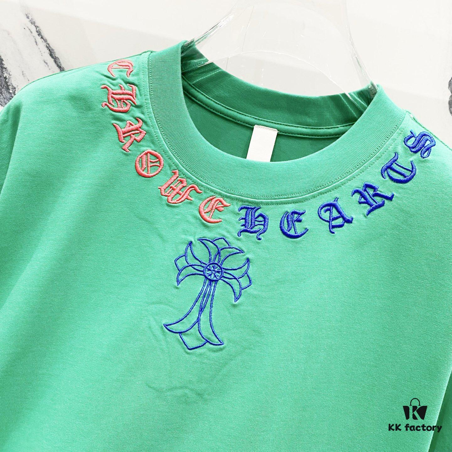 Chrome Hearts 320g Washed Short Sleeve T-Shirt with Embroidered Sanskrit Logo and Cross Patch