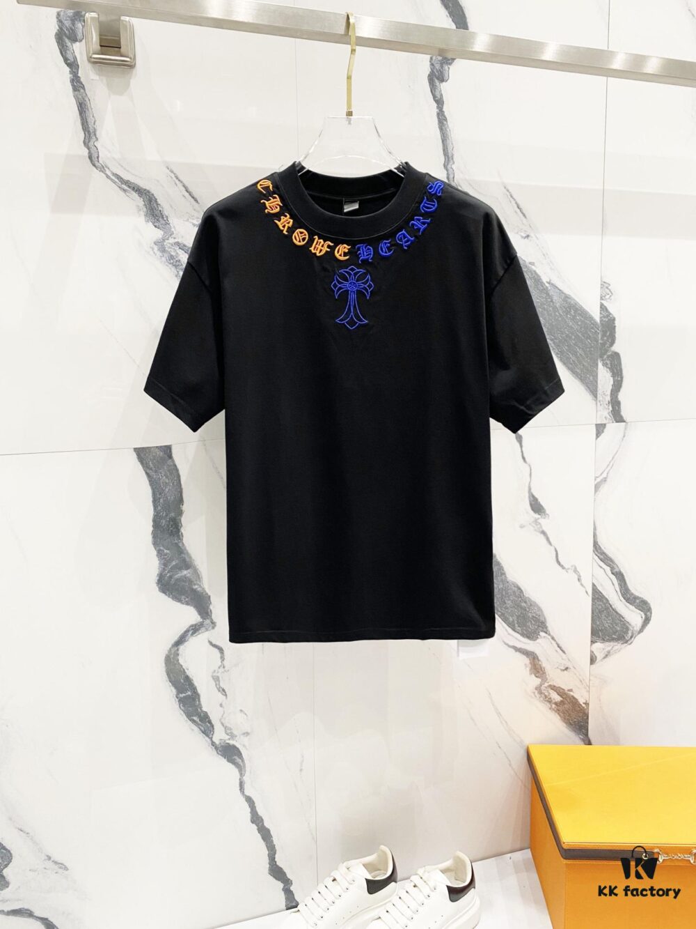 6931a409ccd8ab3d7af984e2 Chrome Hearts 320g Washed Cotton Short Sleeve T-Shirt with Embroidered Sanskrit Logo and Cross Patch