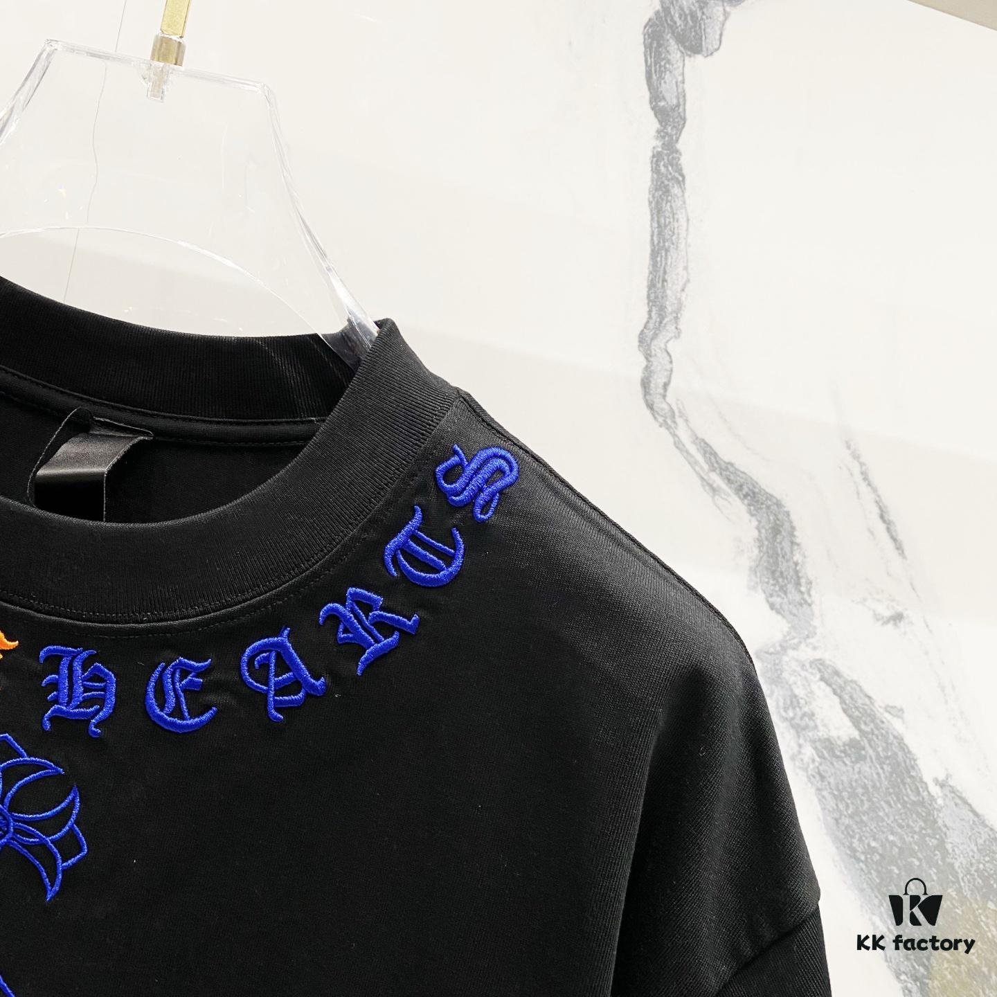 6931a40accd8ab3d7af984e4 Chrome Hearts 320g Washed Cotton Short Sleeve T-Shirt with Embroidered Sanskrit Logo and Cross Patch