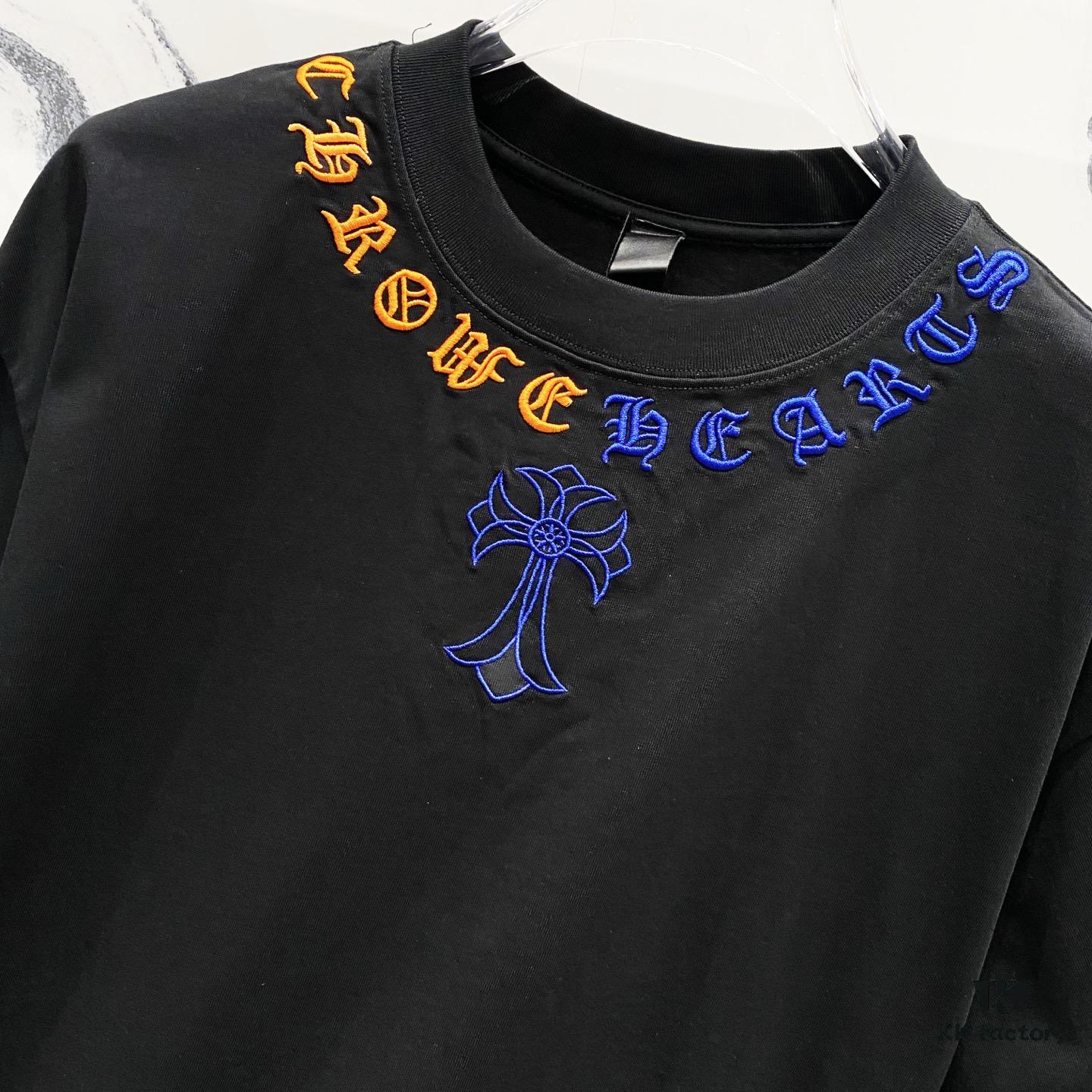 6931a40accd8ab3d7af984e5 Chrome Hearts 320g Washed Cotton Short Sleeve T-Shirt with Embroidered Sanskrit Logo and Cross Patch