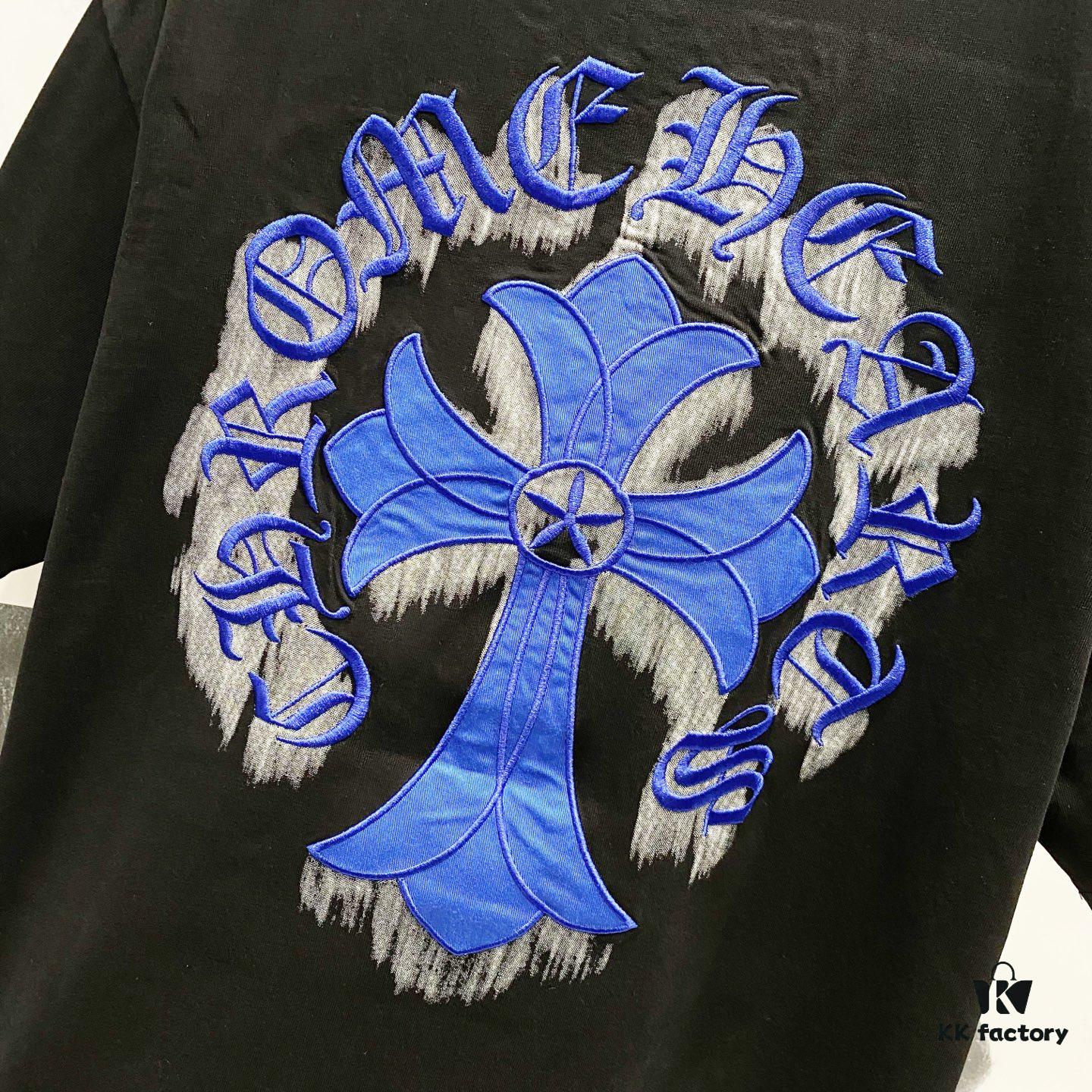 6931a40accd8ab3d7af984e6 Chrome Hearts 320g Washed Cotton Short Sleeve T-Shirt with Embroidered Sanskrit Logo and Cross Patch