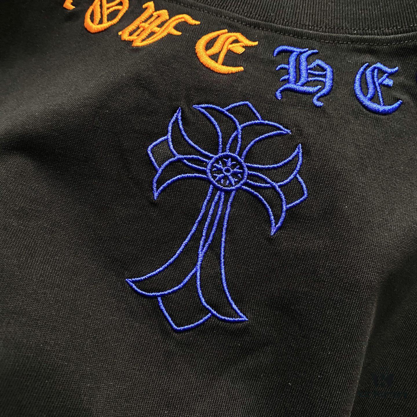 6931a40accd8ab3d7af984e7 Chrome Hearts 320g Washed Cotton Short Sleeve T-Shirt with Embroidered Sanskrit Logo and Cross Patch