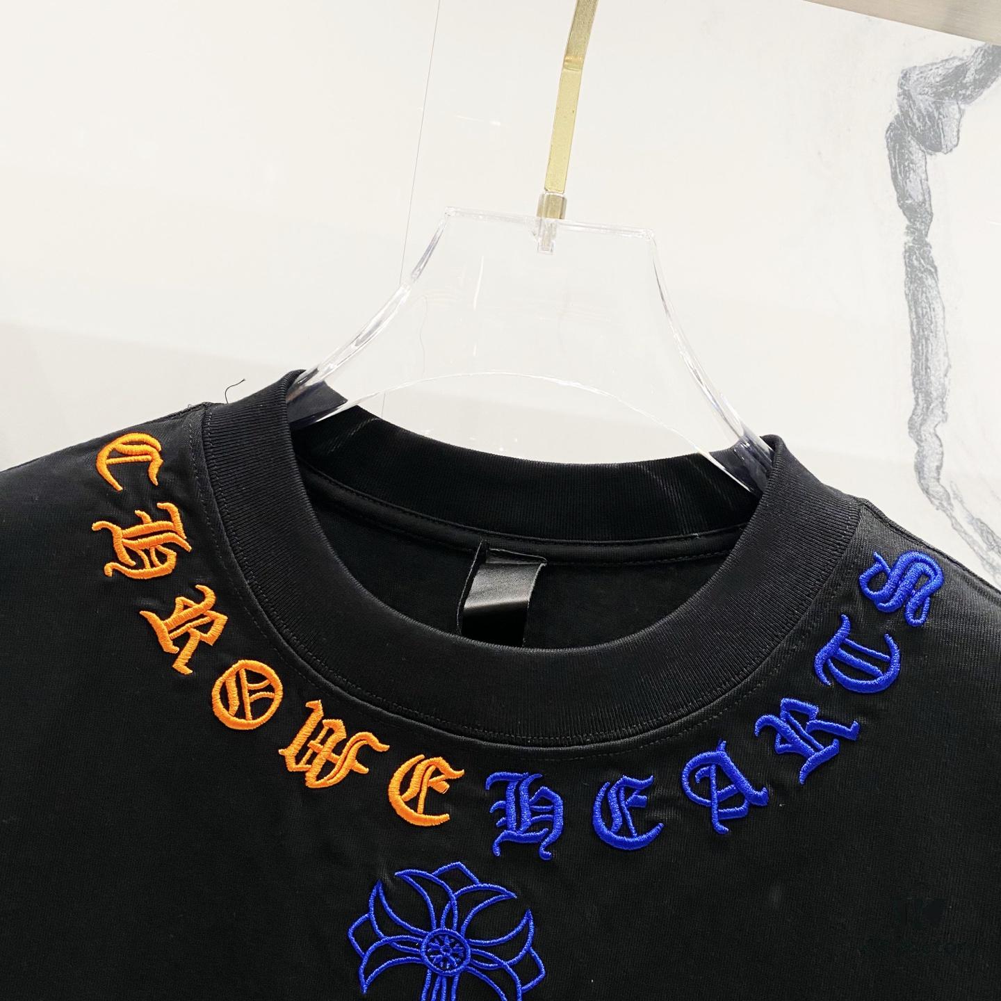 6931a40accd8ab3d7af984e9 Chrome Hearts 320g Washed Cotton Short Sleeve T-Shirt with Embroidered Sanskrit Logo and Cross Patch