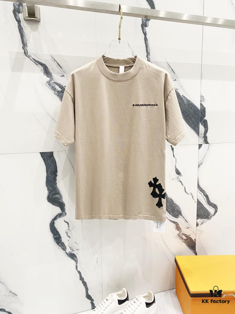 6931a40cccd8ab3d7af98510 Chrome Hearts 320g Washed Short Sleeve T-Shirt with Embroidered Logo, Leather Patch and Cross Design
