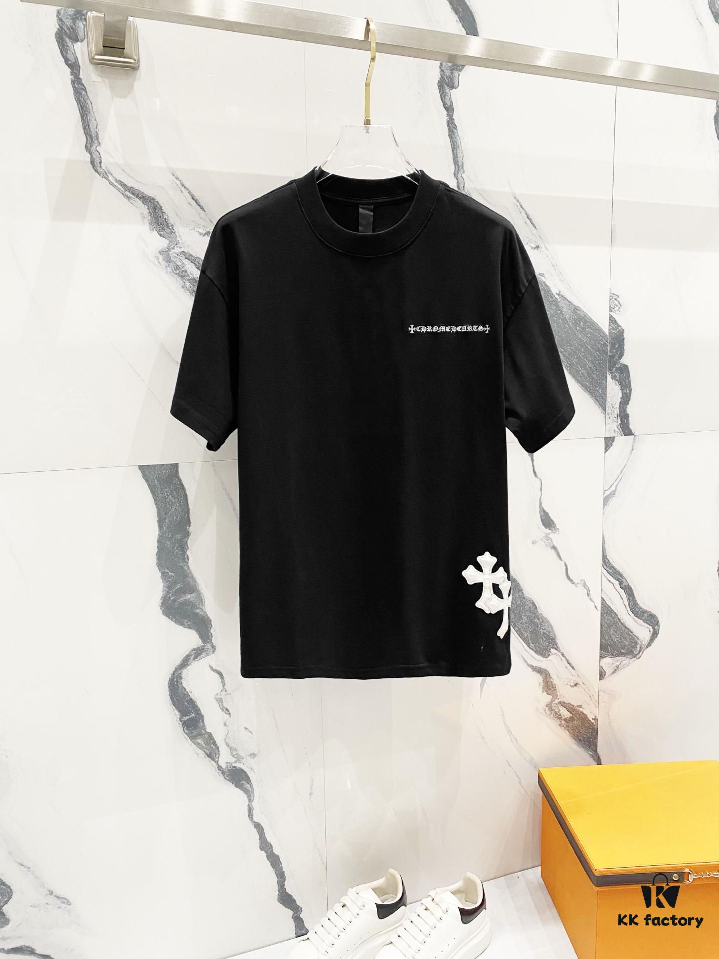 6931a40dccd8ab3d7af9852b Chrome Hearts 320g Washed Short Sleeve T-Shirt with Embroidered Logo, Leather Patch and Cross Design