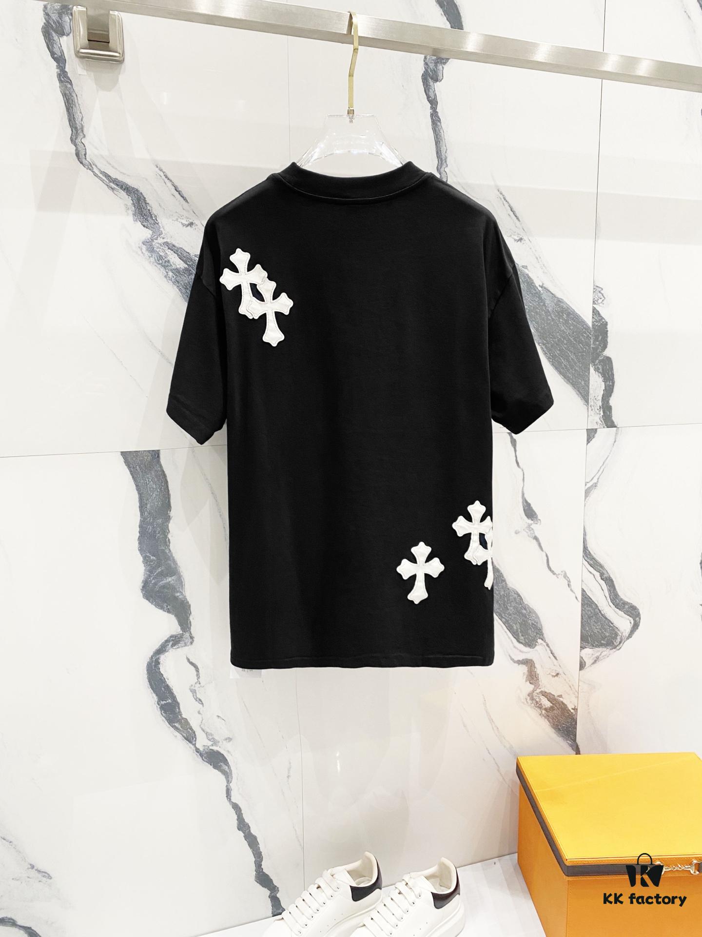 6931a40dccd8ab3d7af9852c Chrome Hearts 320g Washed Short Sleeve T-Shirt with Embroidered Logo, Leather Patch and Cross Design