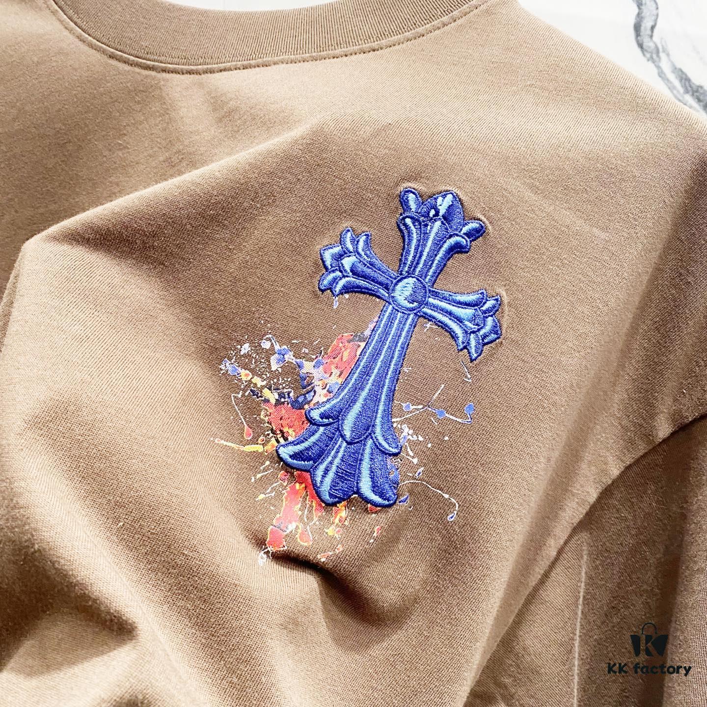 6931a40eccd8ab3d7af98539 Chrome Hearts 320g Washed Short Sleeve T-Shirt with Sanskrit Logo and Cross Embroidery