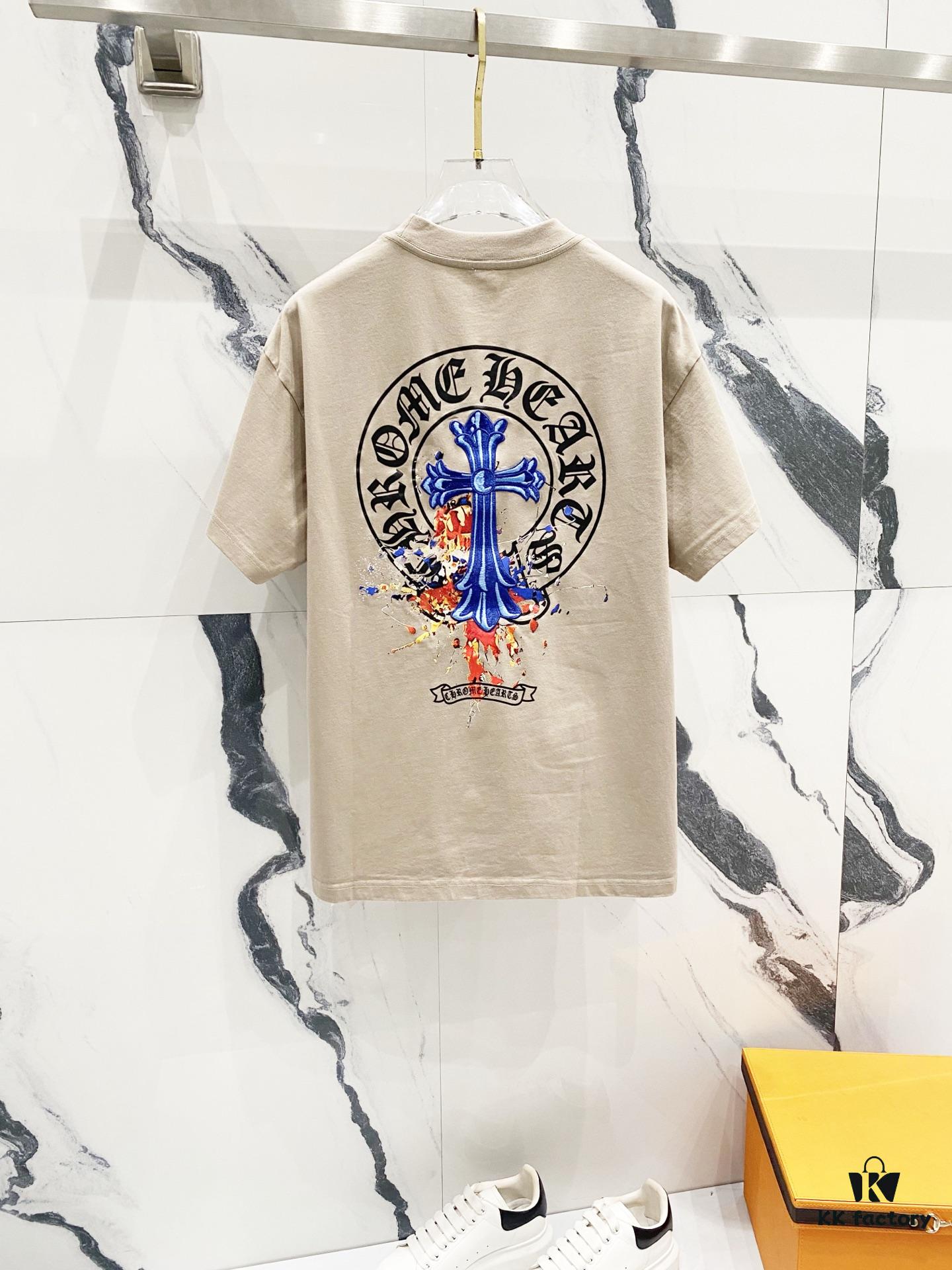 6931a40eccd8ab3d7af9853f Chrome Hearts 320g Washed Short Sleeve T-Shirt with Sanskrit Logo and Cross Embroidery