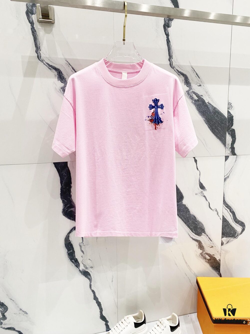 6931a40fccd8ab3d7af98548 Chrome Hearts 320g Washed Cotton Short Sleeve T-Shirt with Sanskrit Logo and Cross Embroidery