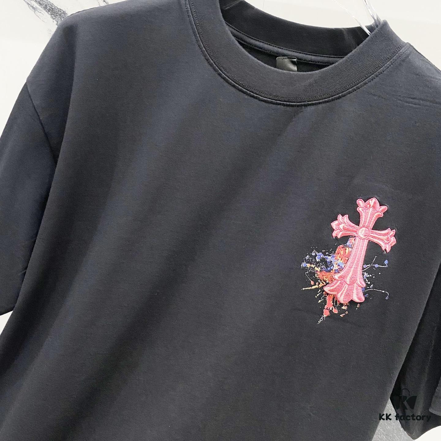 6931a410ccd8ab3d7af98555 Chrome Hearts 320g Washed Short Sleeve T-Shirt with Sanskrit Logo and Cross Embroidery