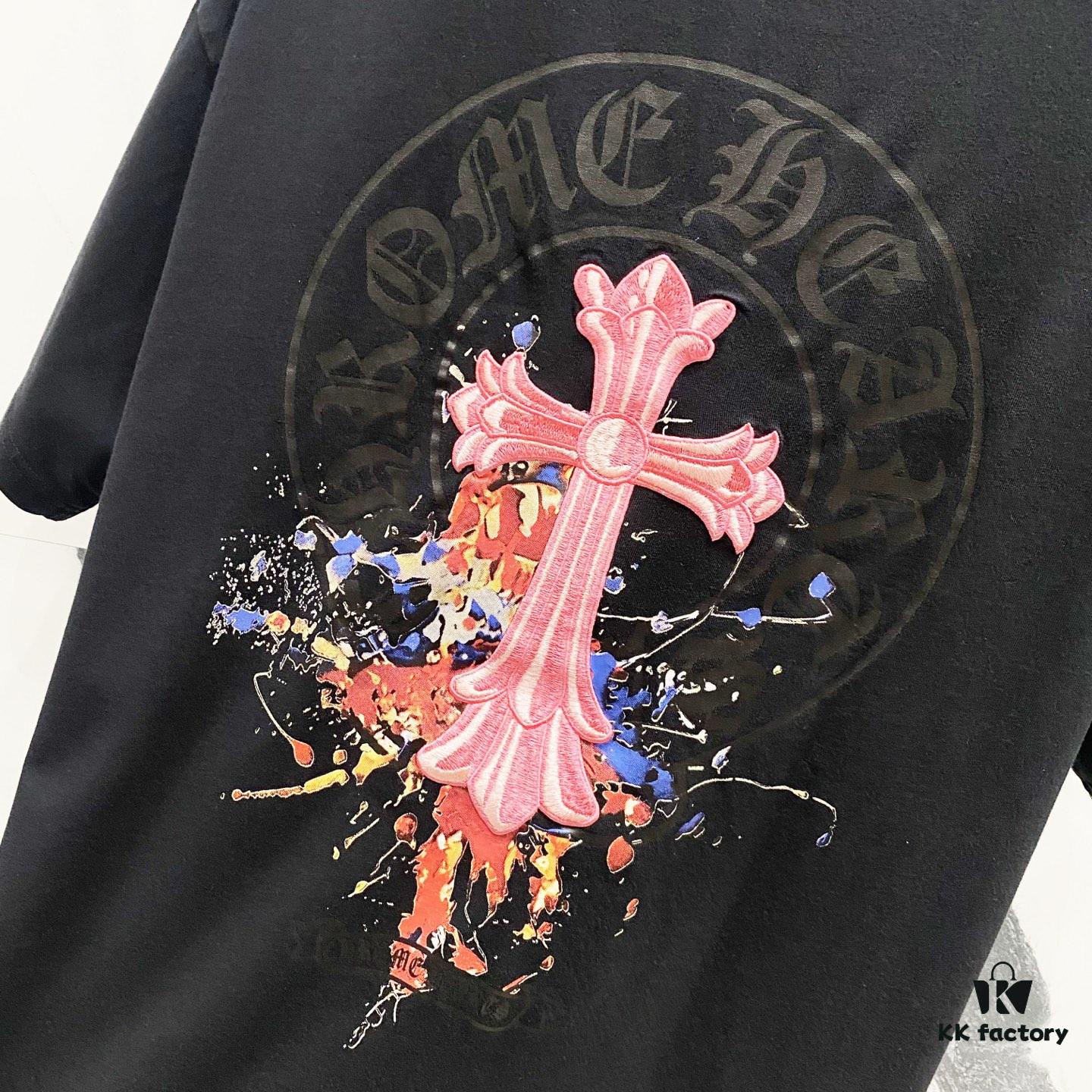 6931a410ccd8ab3d7af98556 Chrome Hearts 320g Washed Short Sleeve T-Shirt with Sanskrit Logo and Cross Embroidery