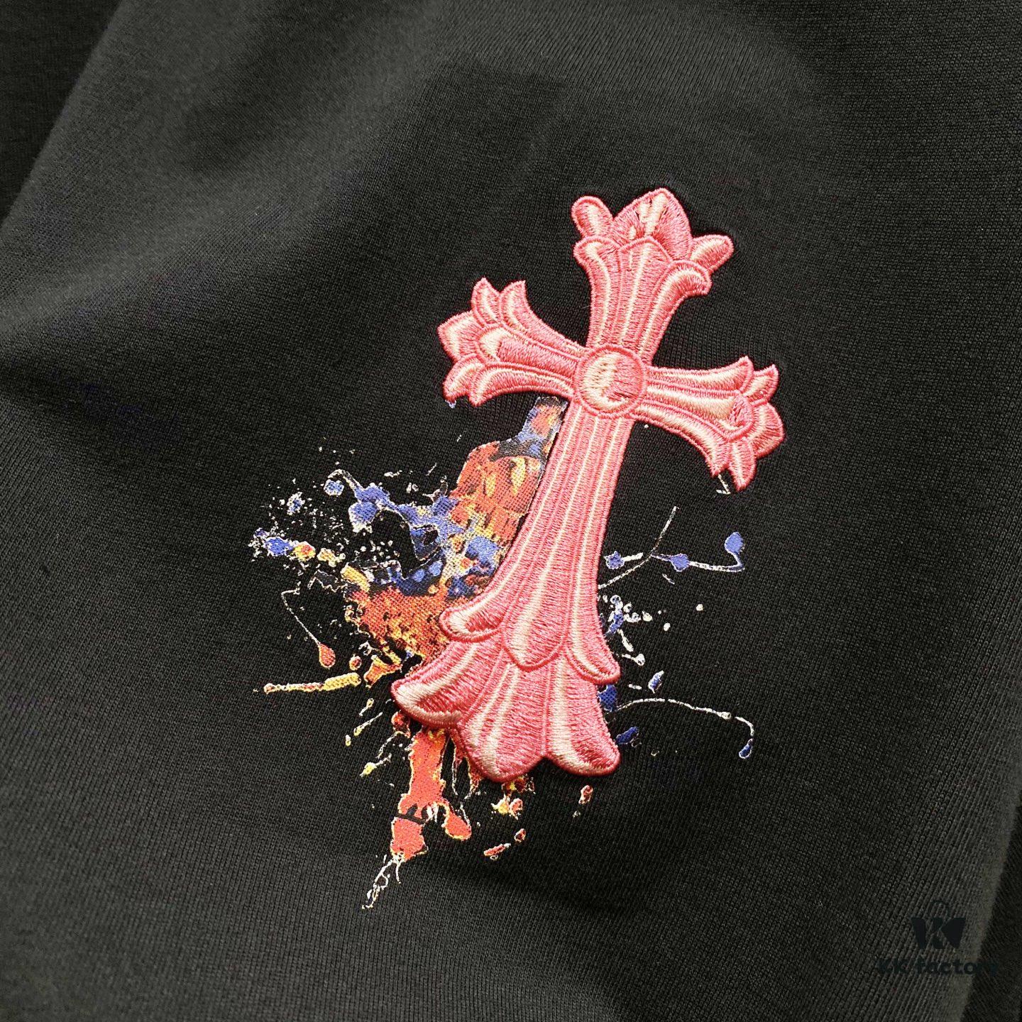 6931a410ccd8ab3d7af98557 Chrome Hearts 320g Washed Short Sleeve T-Shirt with Sanskrit Logo and Cross Embroidery