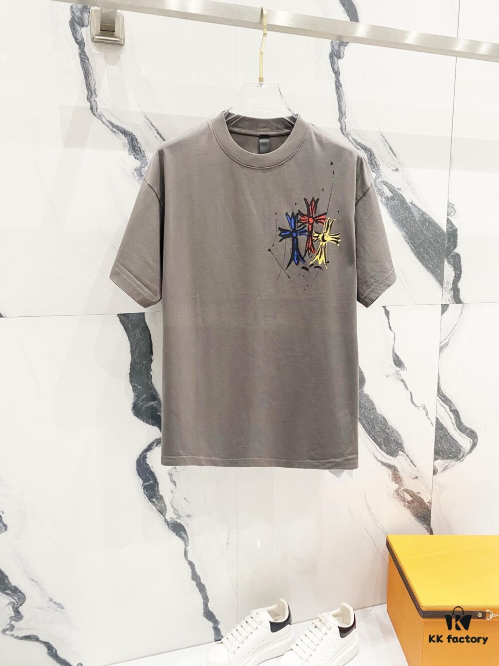 6931a410ccd8ab3d7af9855c Chrome Hearts 320g Washed Short Sleeve T-Shirt with Front and Back Colorful Cross Sanskrit Logo Print