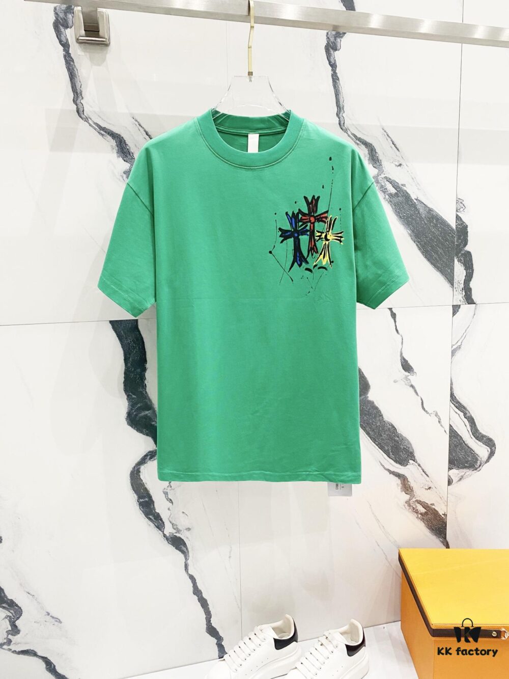 6931a410ccd8ab3d7af98566 Chrome Hearts 320g Washed Short Sleeve T-Shirt with Front and Back Colorful Cross Sanskrit Logo Print