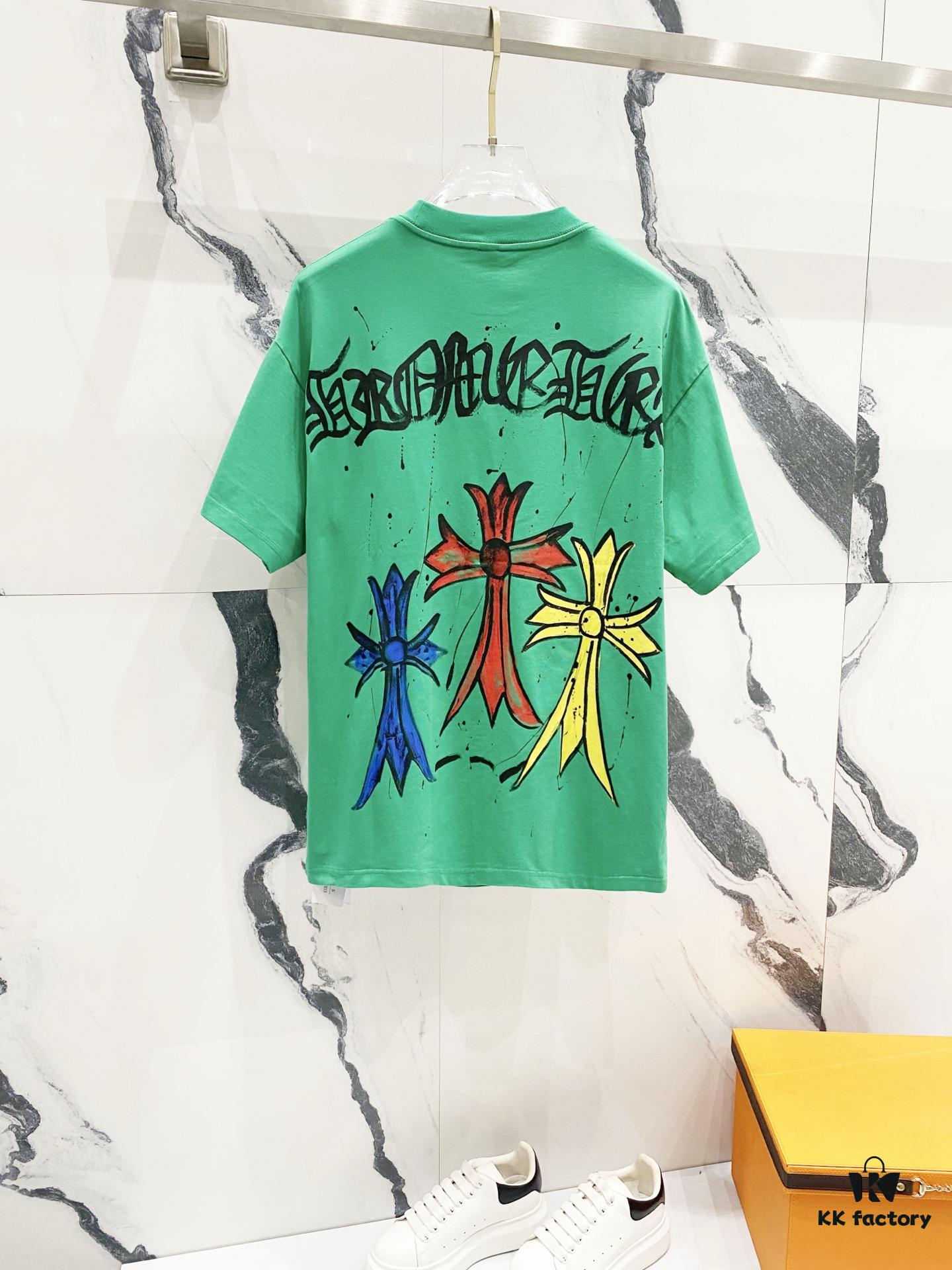 6931a411ccd8ab3d7af98567 Chrome Hearts 320g Washed Short Sleeve T-Shirt with Front and Back Colorful Cross Sanskrit Logo Print