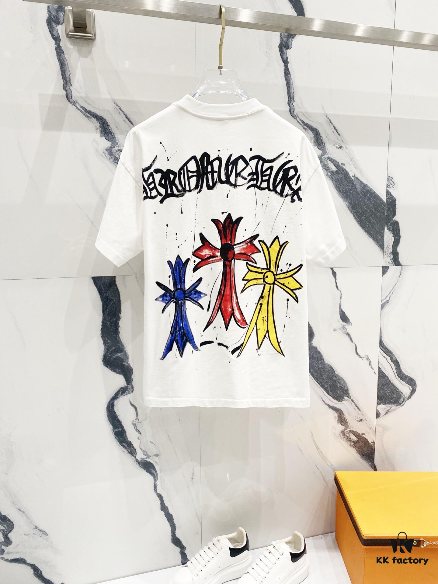 6931a411ccd8ab3d7af98571 Chrome Hearts 320g Washed Short Sleeve T-Shirt with Front and Back Colorful Cross Sanskrit Logo Print