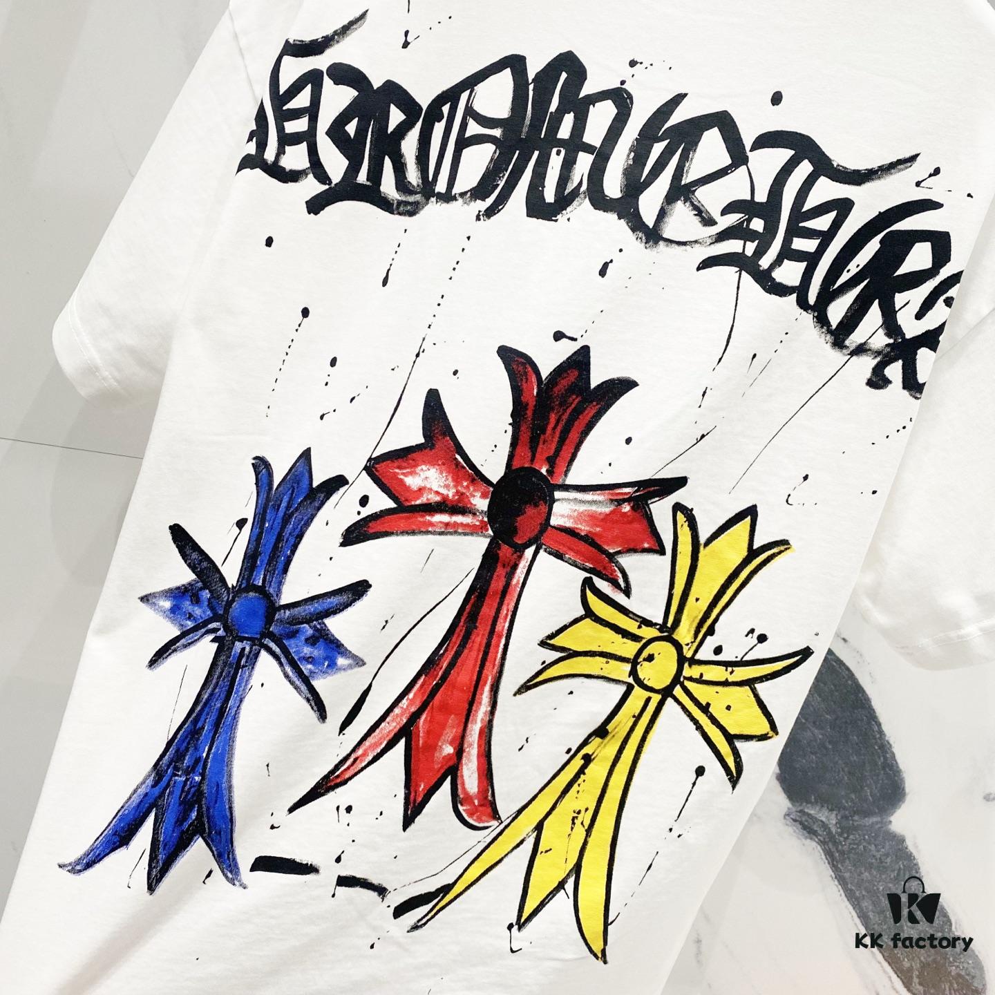 6931a411ccd8ab3d7af98575 Chrome Hearts 320g Washed Short Sleeve T-Shirt with Front and Back Colorful Cross Sanskrit Logo Print