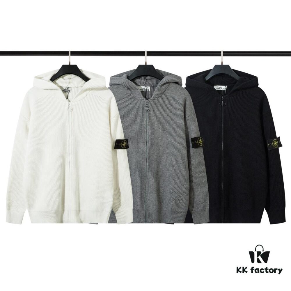 909# Stone Island Zipper Open-Front Hooded Knit Sweater in Black, White, Gray