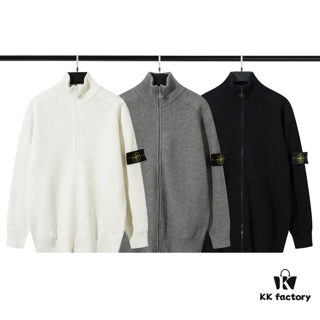 6931a433ccd8ab3d7af98774 908# STONE ISLAND Knit Zip-Front Stand Collar Sweater. Black, White, Gray